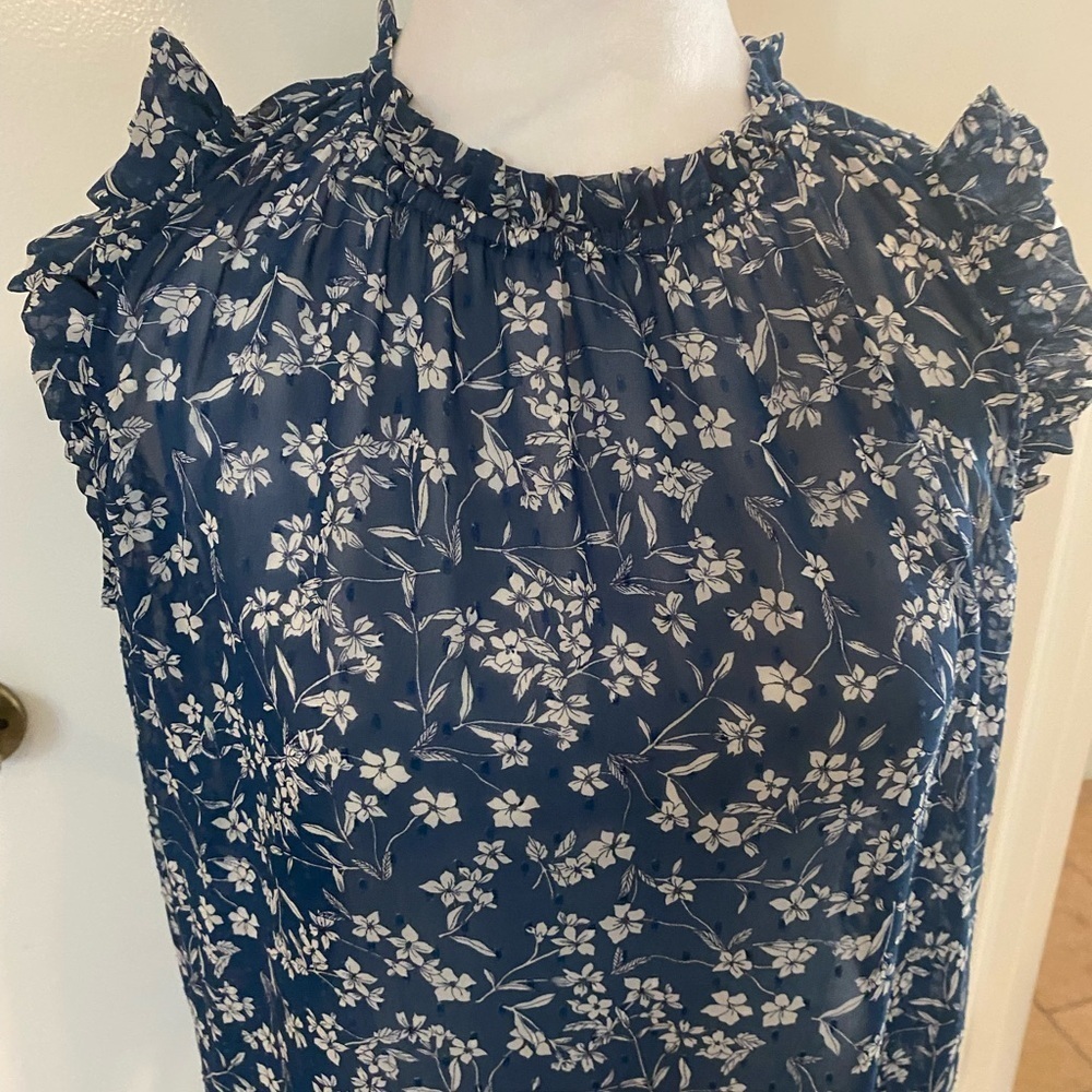 Banana Republic Dress SZ 4 Knee Length Sheer Blue Floral Ruffle Round Neck - Picture 2 of 5